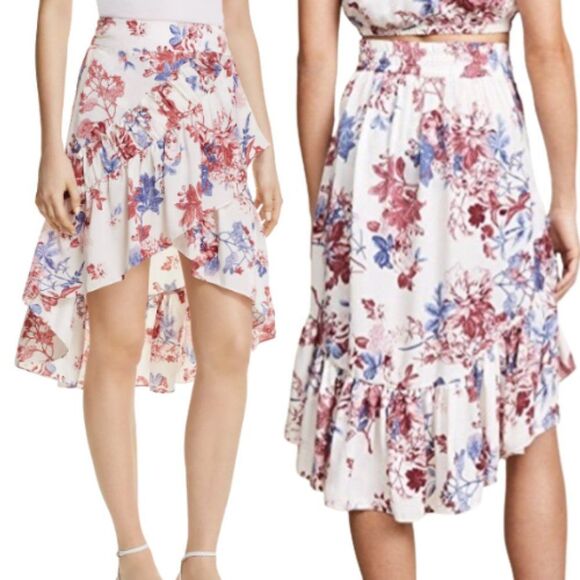 MISA Los Angeles Luz Floral High Low Skirt Size Small White Pink Ruffle‎ Viscose - Picture 1 of 9